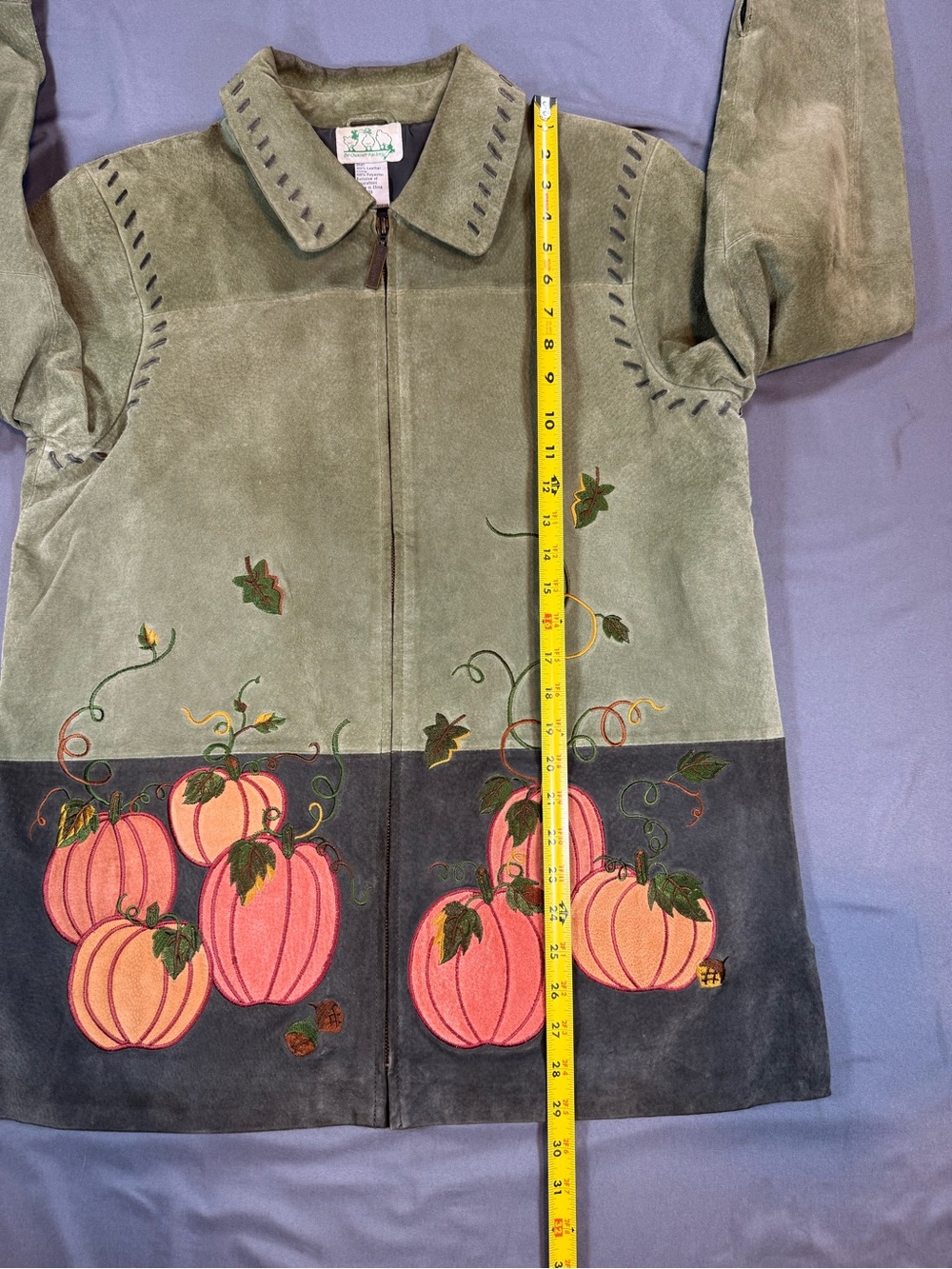 Quacker Factory Green Suede Pumpkin Embroidered Leather Jacket - Picture 7 of 7